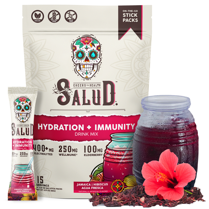 Salud 2-in-1 Hydration and Immunity Electrolytes Powder, Hibiscus - 15 Servings, Jamaica Agua Fresca Drink Mix, Elderberry, Dairy & Soy Free